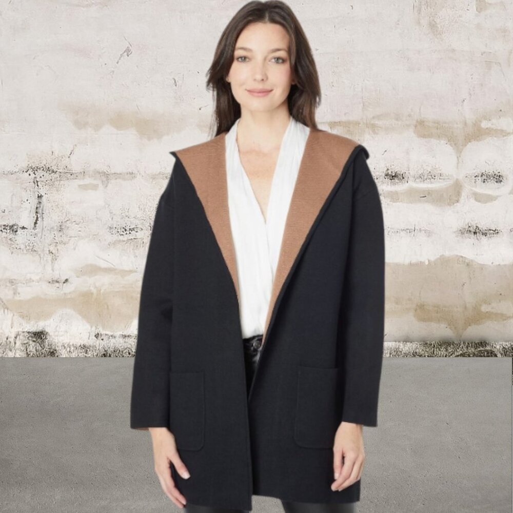 Max Studio Women's Long Sweater Coat in Black and Camel Size Medium